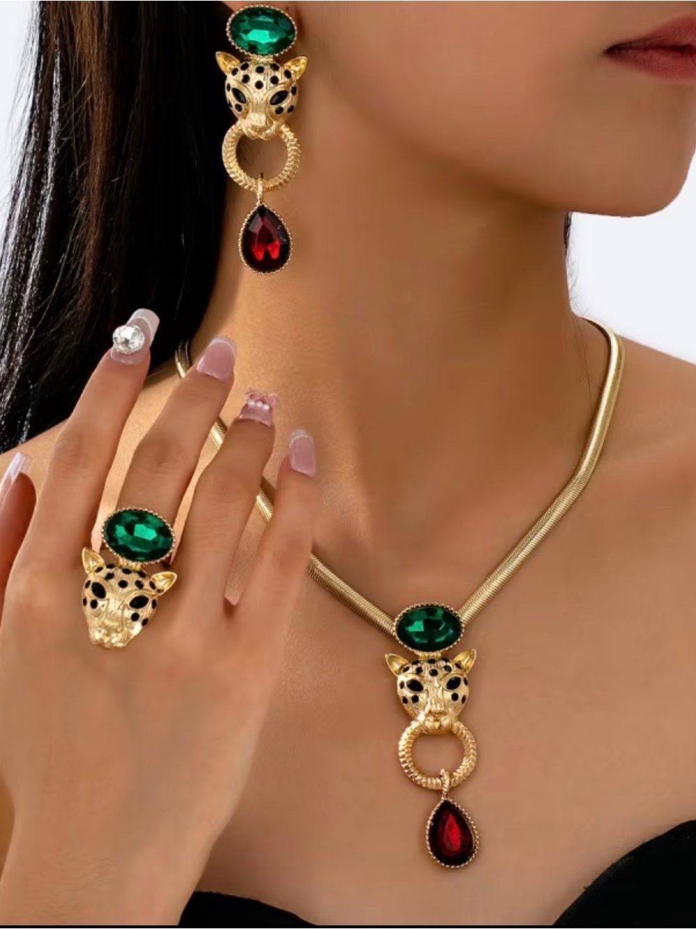 Gold Leopard Pendant Necklace & Earrings Set with Emerald and Ruby Stones